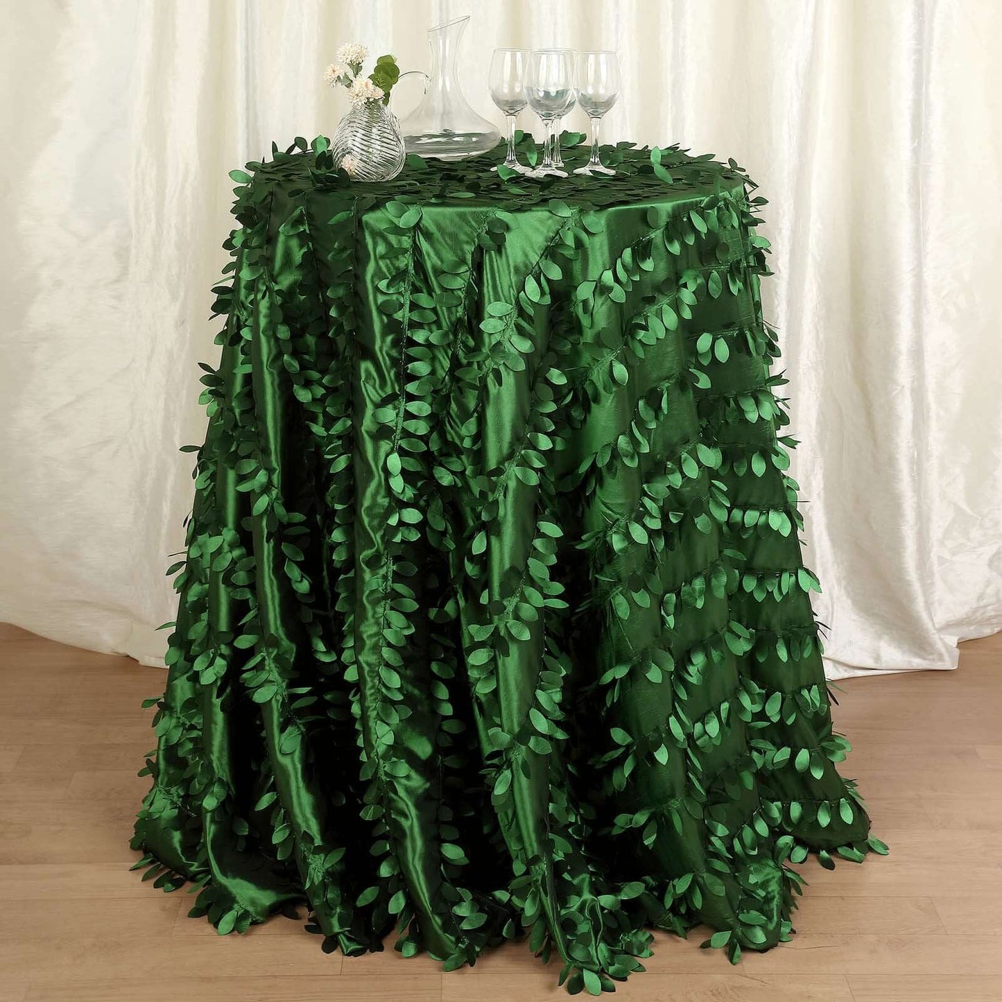 Taffeta 132" Round Tablecloth Green | 3D Leaf Petal Design Seamless Table Cover
