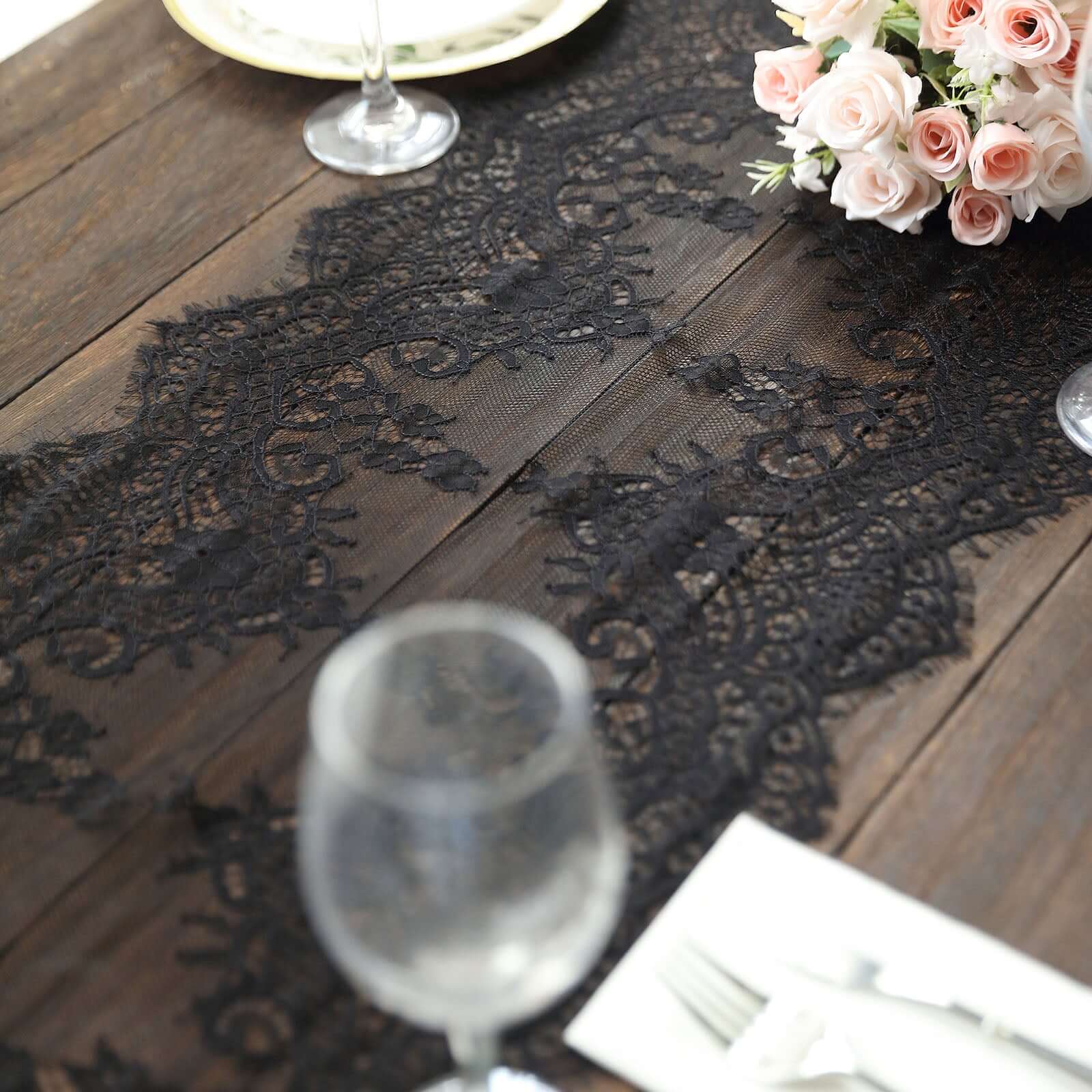 Premium Lace Fabric 15"x117" Table Runner Black - Scalloped Lace Elegance - Bell Racket Store