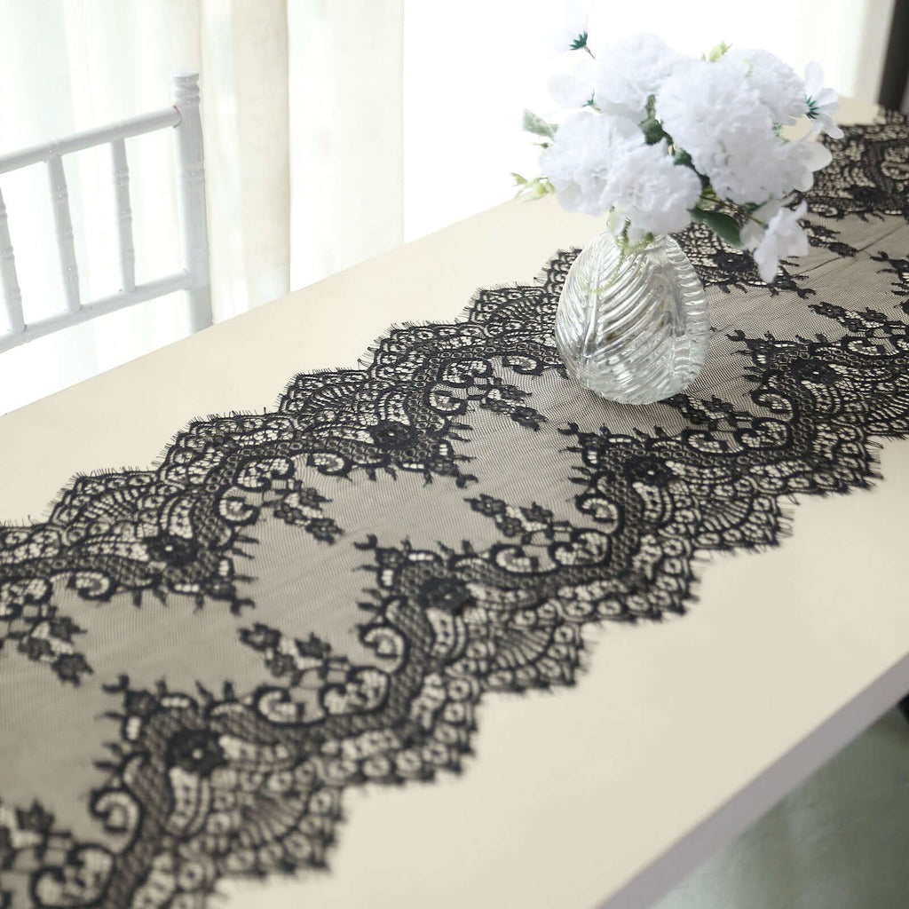 Premium Lace Fabric 15"x117" Table Runner Black - Scalloped Lace Elegance - Bell Racket Store