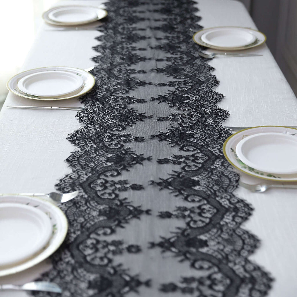 Premium Lace Fabric 15"x117" Table Runner Black - Scalloped Lace Elegance - Bell Racket Store
