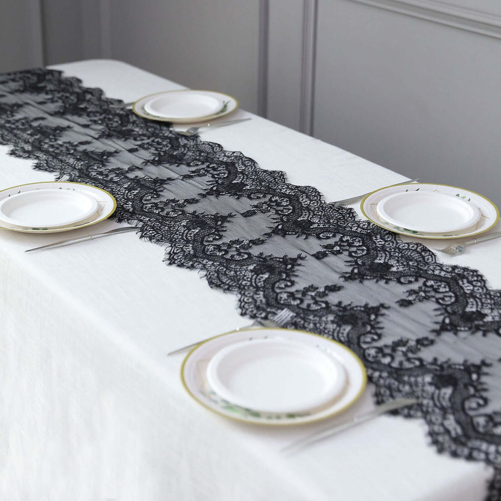 Premium Lace Fabric 15"x117" Table Runner Black - Scalloped Lace Elegance - Bell Racket Store