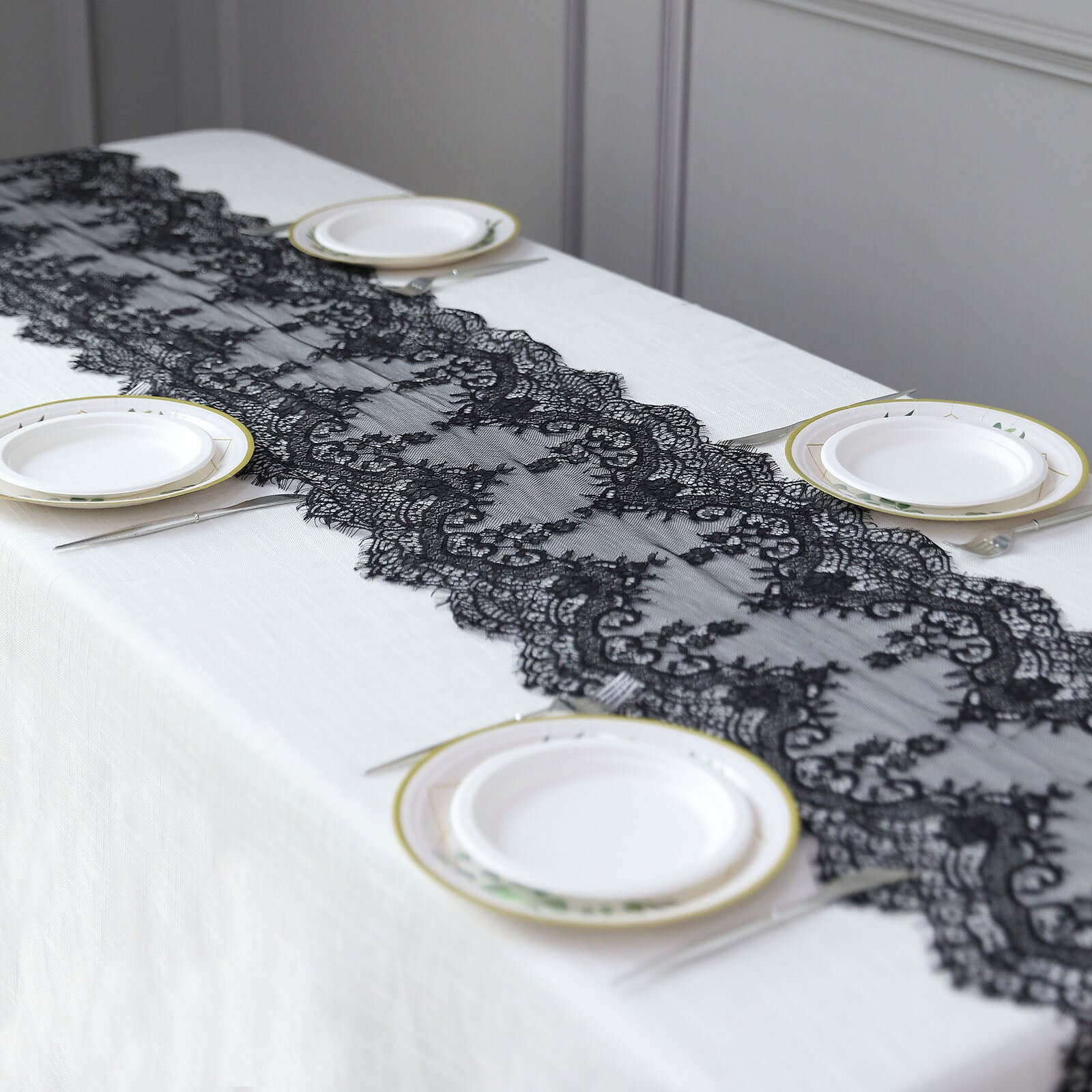 Premium Lace Fabric 15"x117" Table Runner Black - Scalloped Lace Elegance - Bell Racket Store