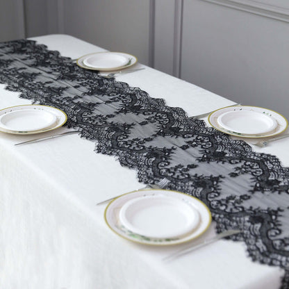 Premium Lace Fabric 15"x117" Table Runner Black - Scalloped Lace Elegance - Bell Racket Store