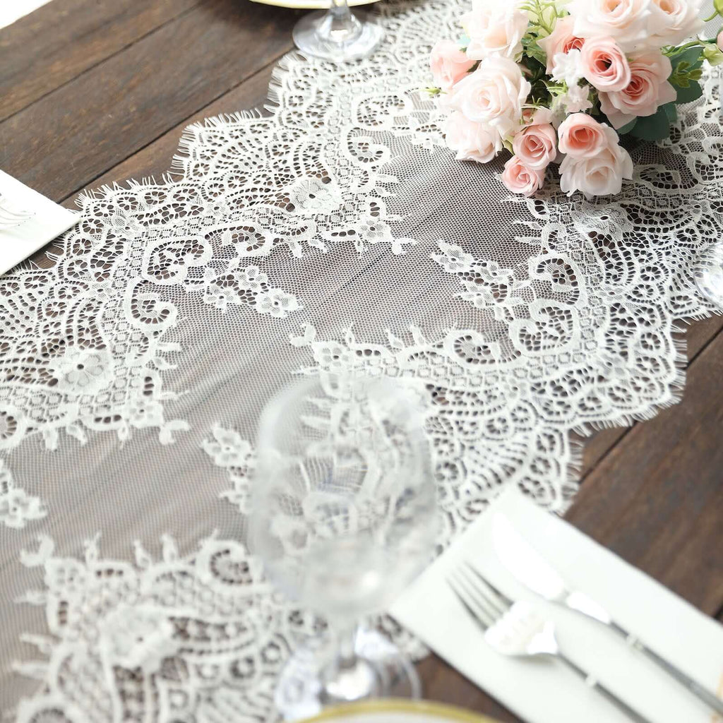 Premium Lace Fabric 15"x117" Table Runner Ivory - Scalloped Lace Elegance - Bell Racket Store