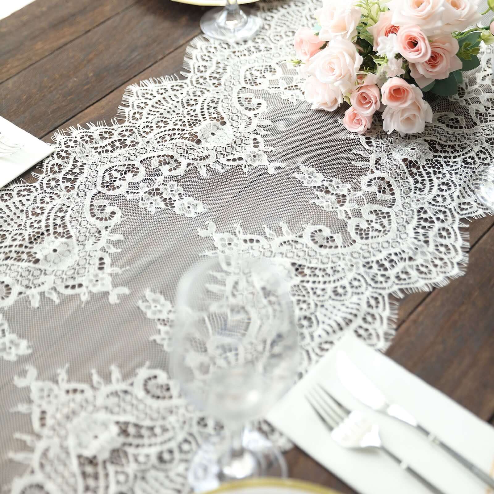 Premium Lace Fabric 15"x117" Table Runner Ivory - Scalloped Lace Elegance - Bell Racket Store