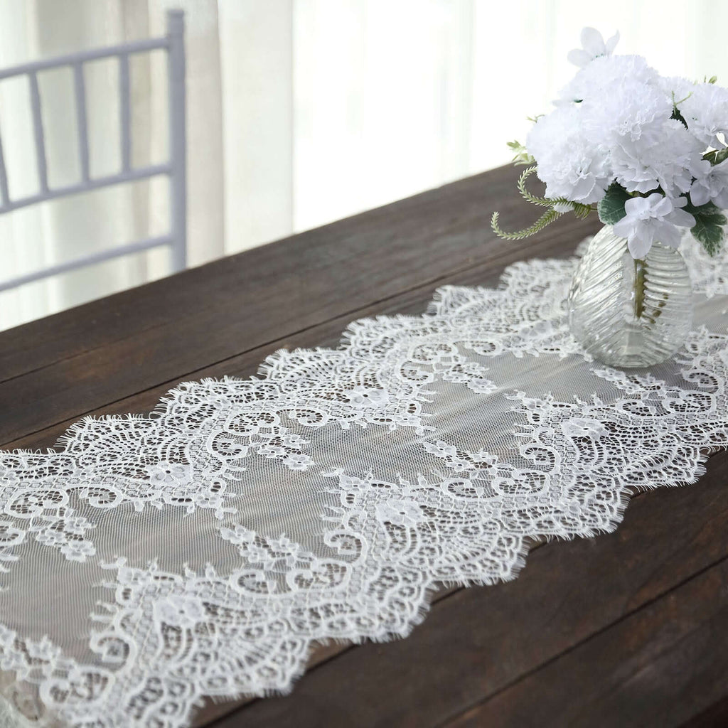 Premium Lace Fabric 15"x117" Table Runner Ivory - Scalloped Lace Elegance - Bell Racket Store