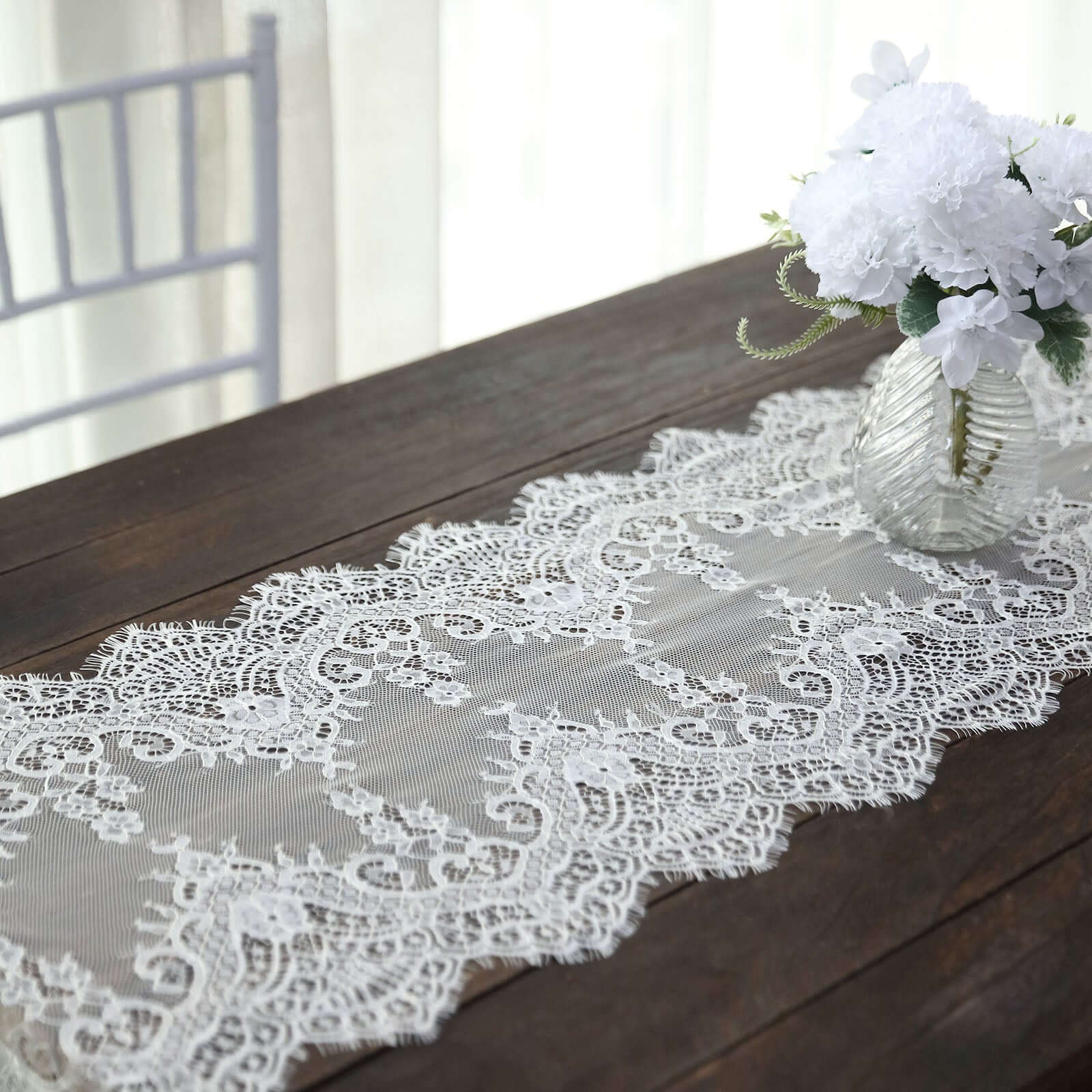 Premium Lace Fabric 15"x117" Table Runner Ivory - Scalloped Lace Elegance - Bell Racket Store