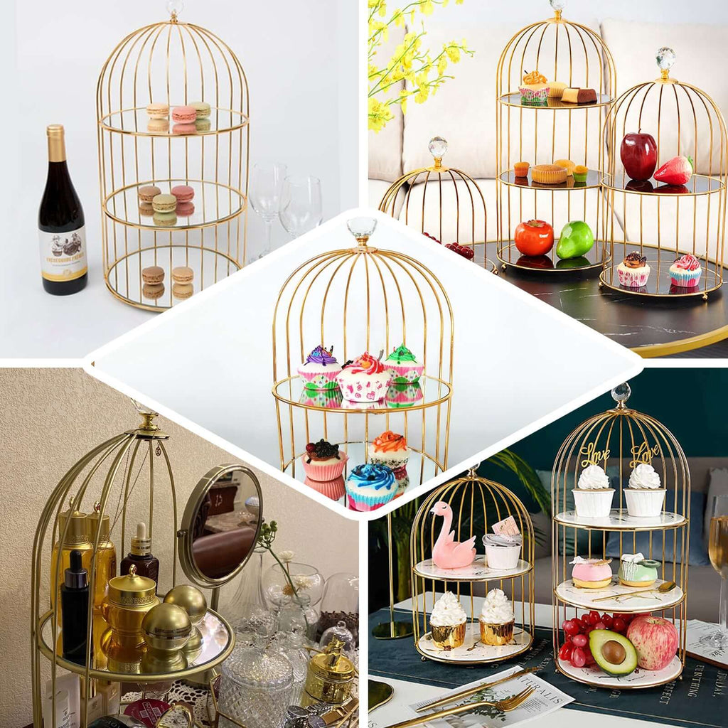 3-Tier Cupcake Cake Stand Bird Cage Design with Crystal Top Mirror Base - Serving Tray with Hanging Option 22"