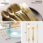 24-Pack Plastic Silverware Set with Hammered Design Gold - Heavy Duty Disposable Utensils 7"