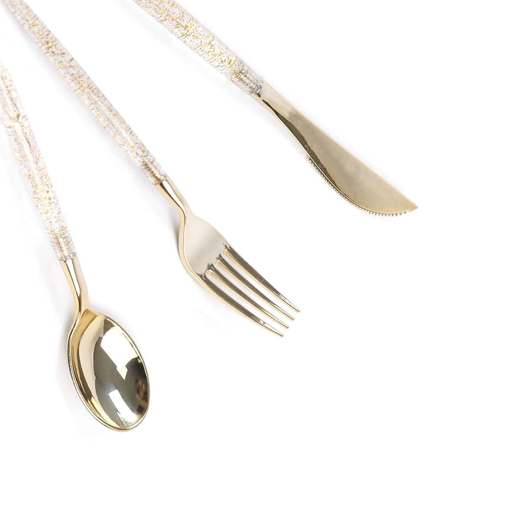 24-Pack Plastic Cutlery Set Metallic Gold with Gold Glitter - Stylish Disposable Silverware Pack 8"
