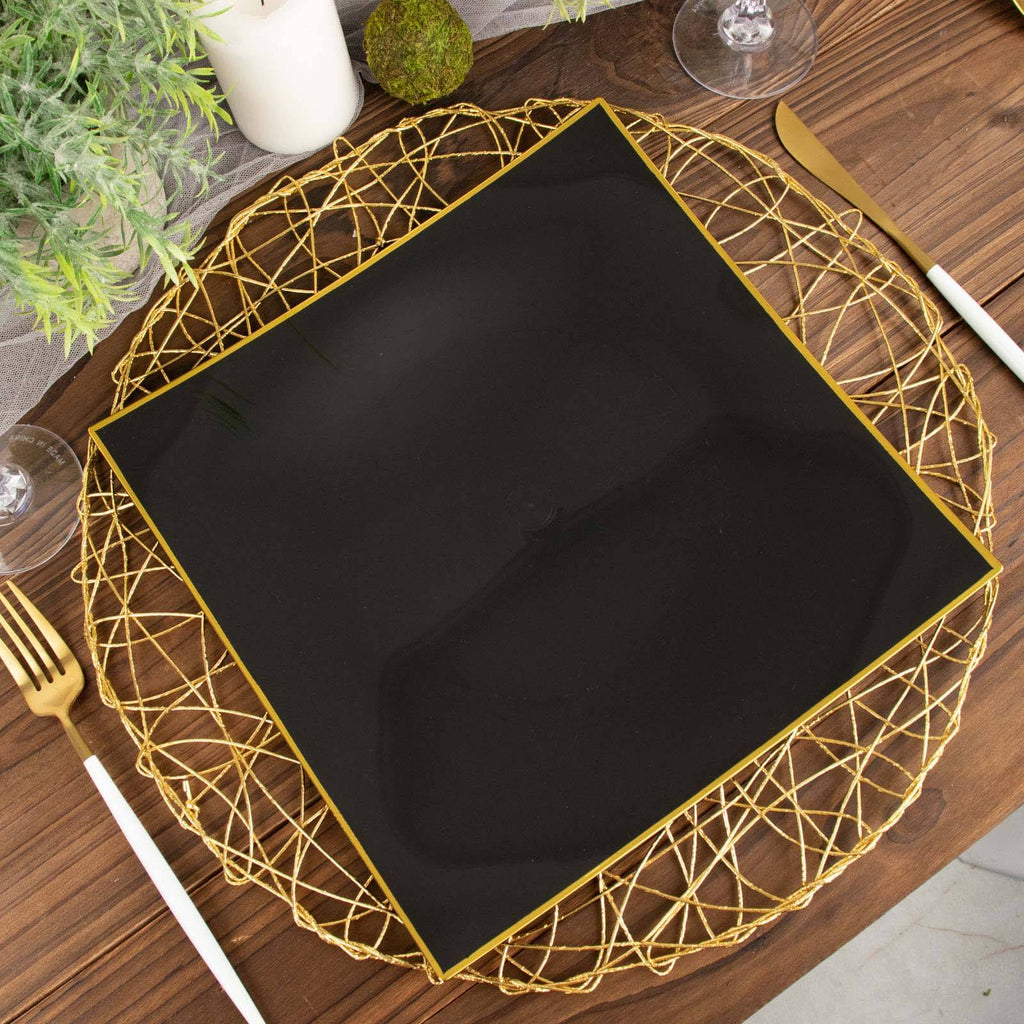 10-Pack Plastic 10" Square Dinner Plates in Black Concave Style with Gold Rim - Modern Disposable Party Plates