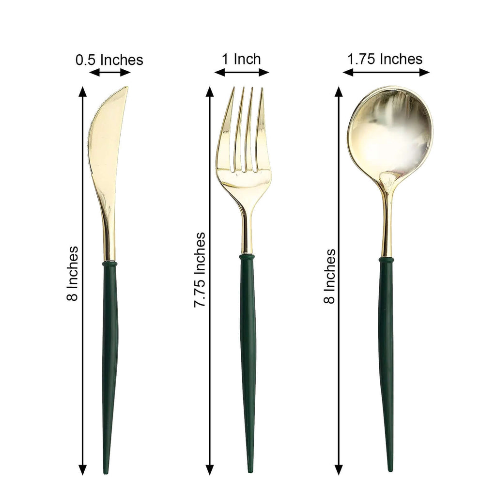 24-Pack Plastic Flatware Set in Metallic Gold with Hunter Emerald Green Handle - Heavy Duty Disposable Modern Silverware 8"