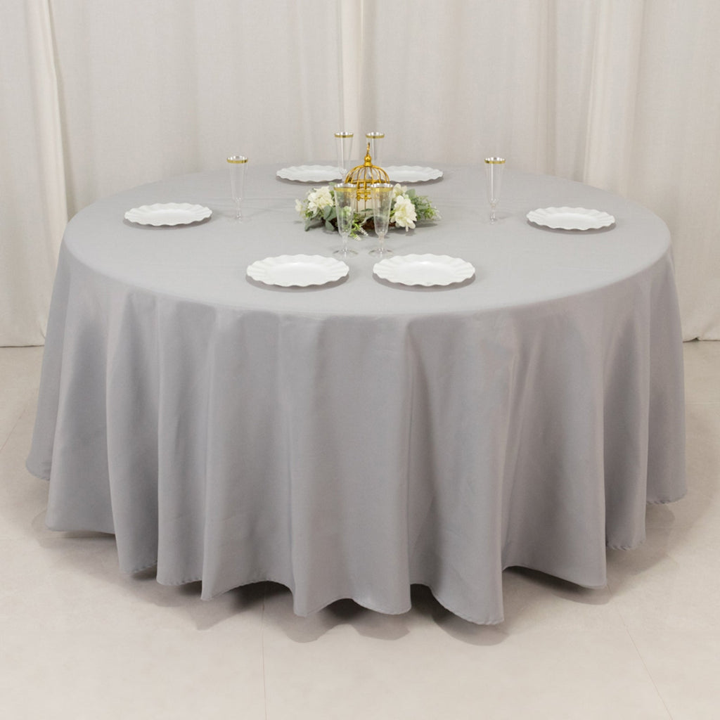 Premium Polyester 108" Round Tablecloth Silver - Wrinkle - Resistant 220GSM Table Cover - Bell Racket Store