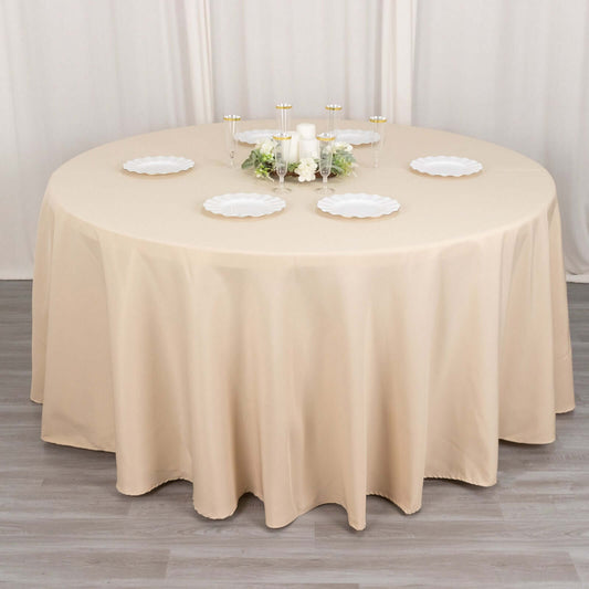 Premium Polyester 120" Round Tablecloth Beige - Seamless 220GSM Wrinkle - Resistant Table Cover - Bell Racket Store