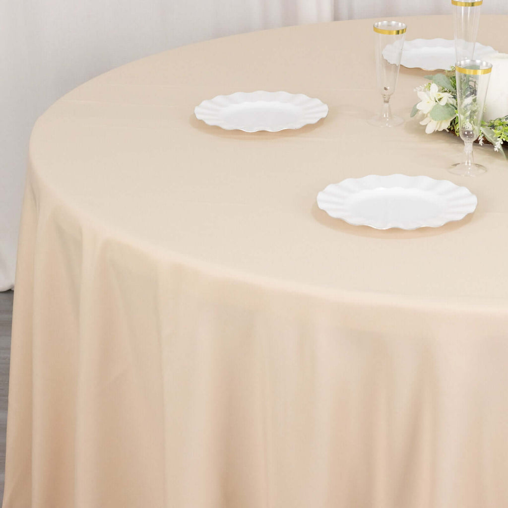 Premium Polyester 120" Round Tablecloth Beige - Seamless 220GSM Wrinkle - Resistant Table Cover - Bell Racket Store