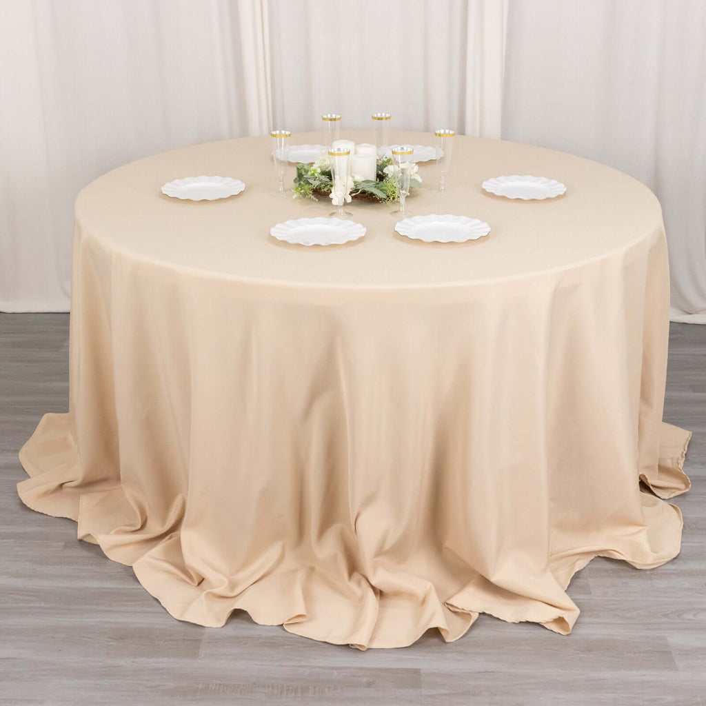 Premium Polyester 132" Round Tablecloth Beige - Seamless 220GSM Wrinkle - Resistant Table Cover - Bell Racket Store