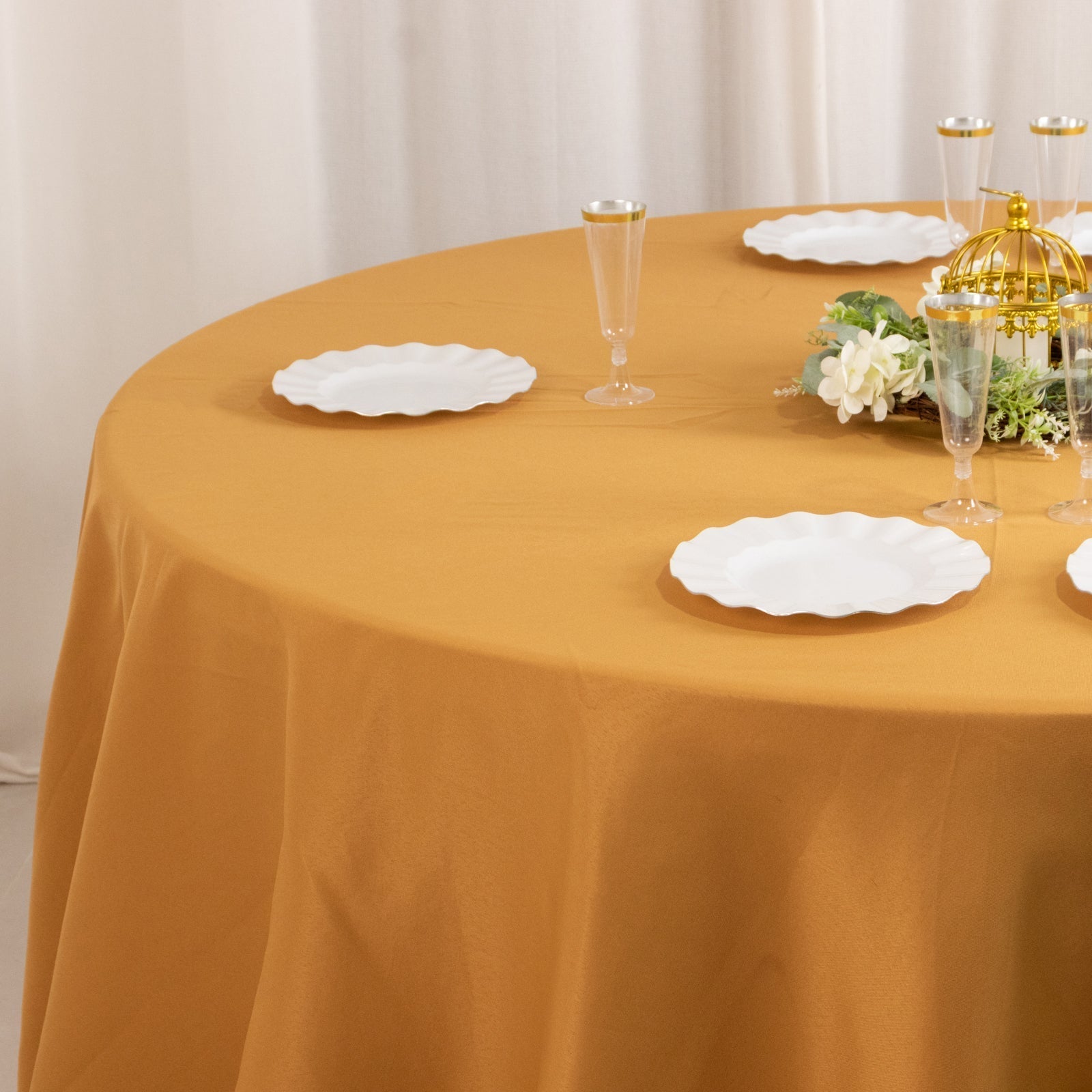 Premium Polyester 132" Round Tablecloth Gold - Seamless 220GSM Wrinkle - Resistant Design for Upscale Occasions - Bell Racket Store