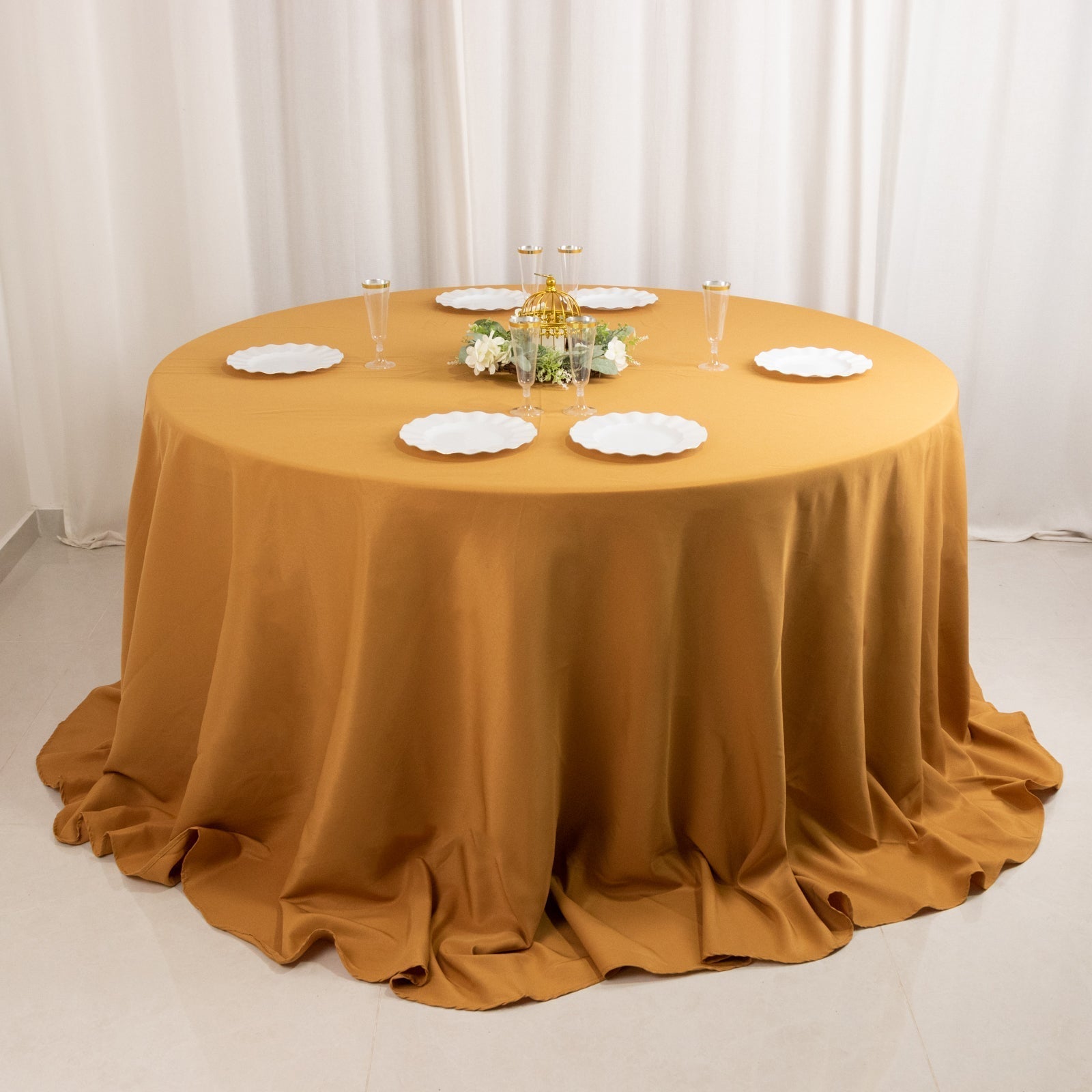 Premium Polyester 132" Round Tablecloth Gold - Seamless 220GSM Wrinkle - Resistant Design for Upscale Occasions - Bell Racket Store