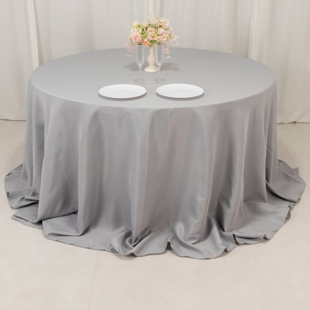 Premium Polyester 132" Round Tablecloth Silver - Seamless 220GSM Wrinkle - Resistant Table Cover - Bell Racket Store
