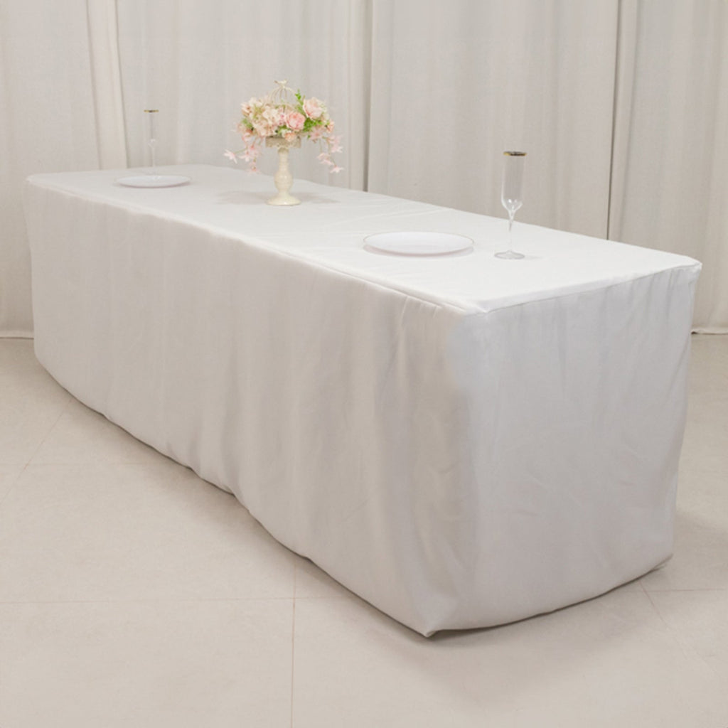 Premium Polyester 8ft Rectangle Tablecloth White Durable Fitted 220GSM Table Cover for Trade Shows & Events - Bell Racket Store