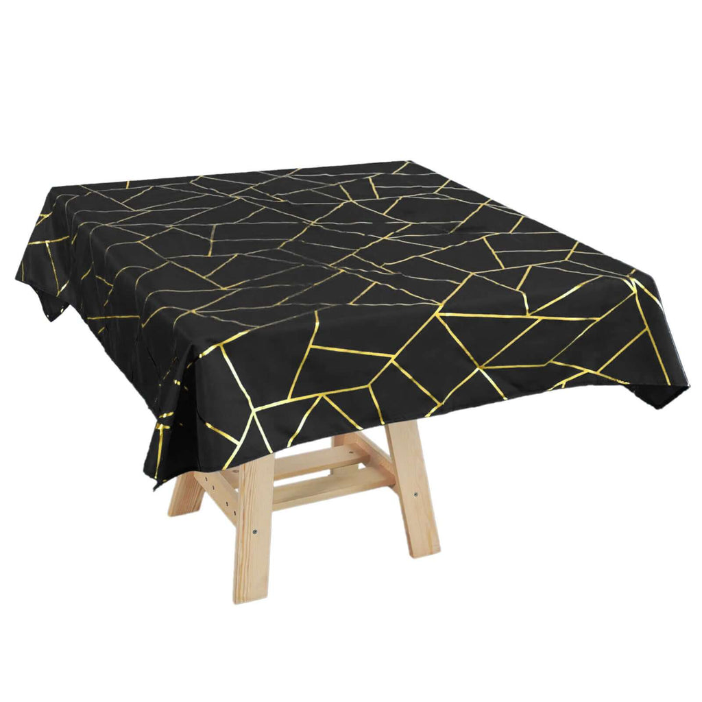 Polyester 54"x54" Square Tablecloth Black with Gold Foil Geometric Pattern - Wrinkle-Resistant & Durable Table Cover