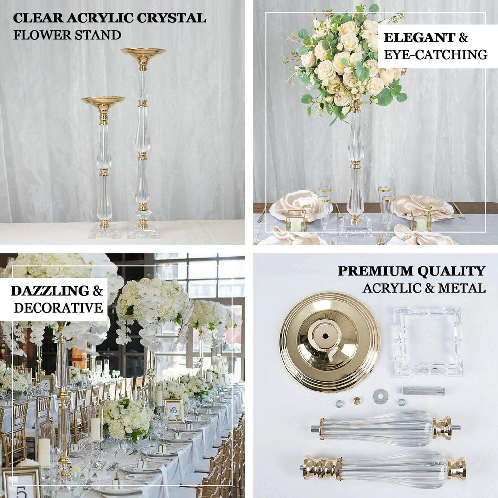 Acrylic Crystal Pillar Candle Stand Gold/Clear - Table Centerpiece and Wedding Flower Bowl Pedestal 32"