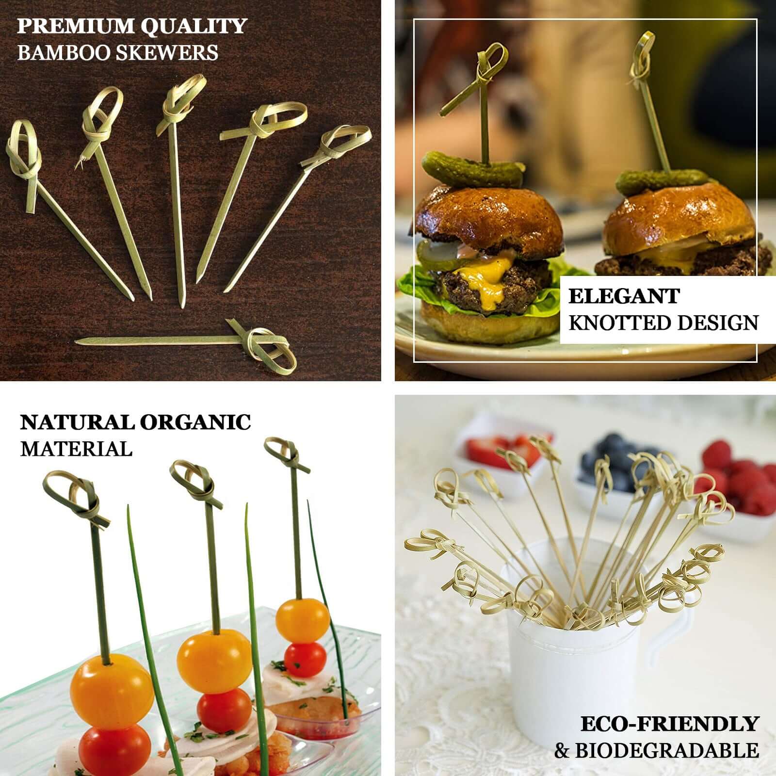 100-Pack Bamboo Skewers Knotted Style - Natural Eco Friendly Wooden Cocktail Picks for Food Display Party Snacks & Outdoor Cooking 3.5"