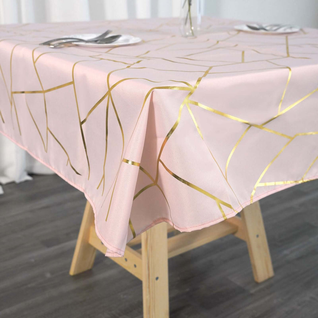 Polyester 54"x54" Square Tablecloth Blush with Gold Foil Geometric Pattern - Wrinkle-Resistant & Durable Table Cover