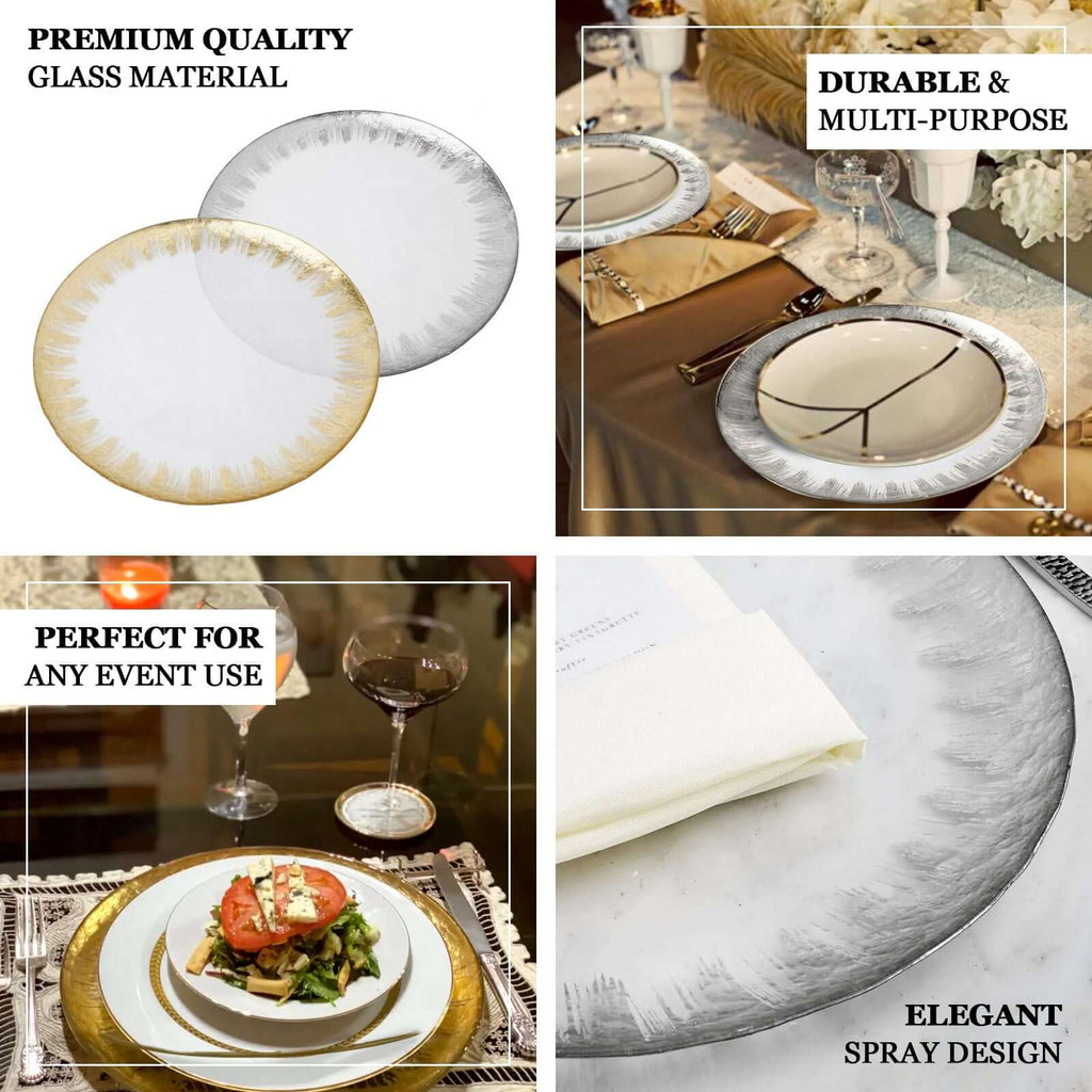 8-Pack Glass Round Charger Plates 13" in Clear with Metallic Gold Spray Rim, Decorative Dinner Charger Tableware