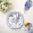 25-Pack Paper Dessert Plates in White with Light Blue Damask Floral Print & Scallop Rim - Stylish Disposable 300GSM Floral Salad Appetizer Plates 8"