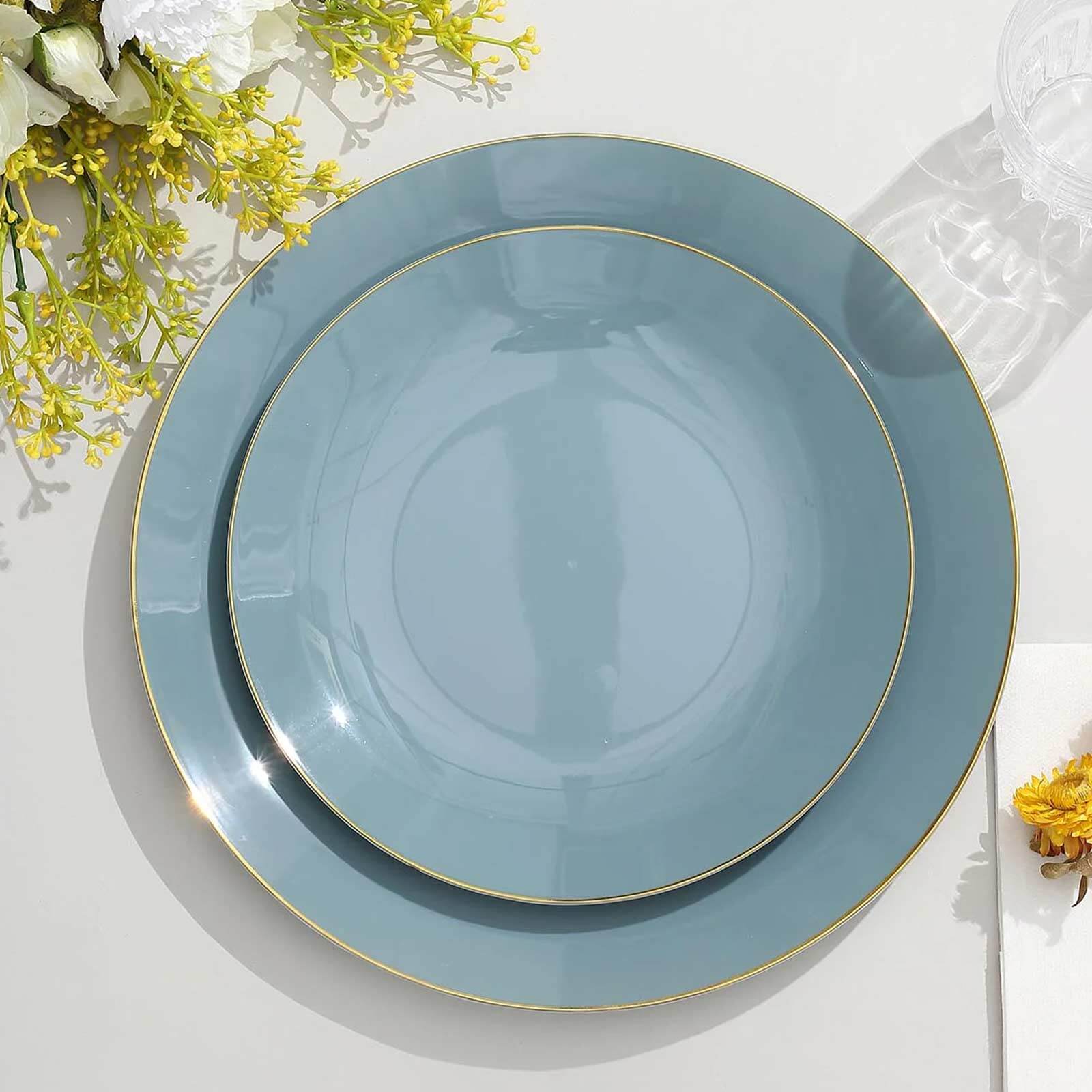 10-Pack Plastic 8" Round Dessert Plates in Dusty Blue with Gold Rim - Glossy Disposable Appetizer Salad Plates