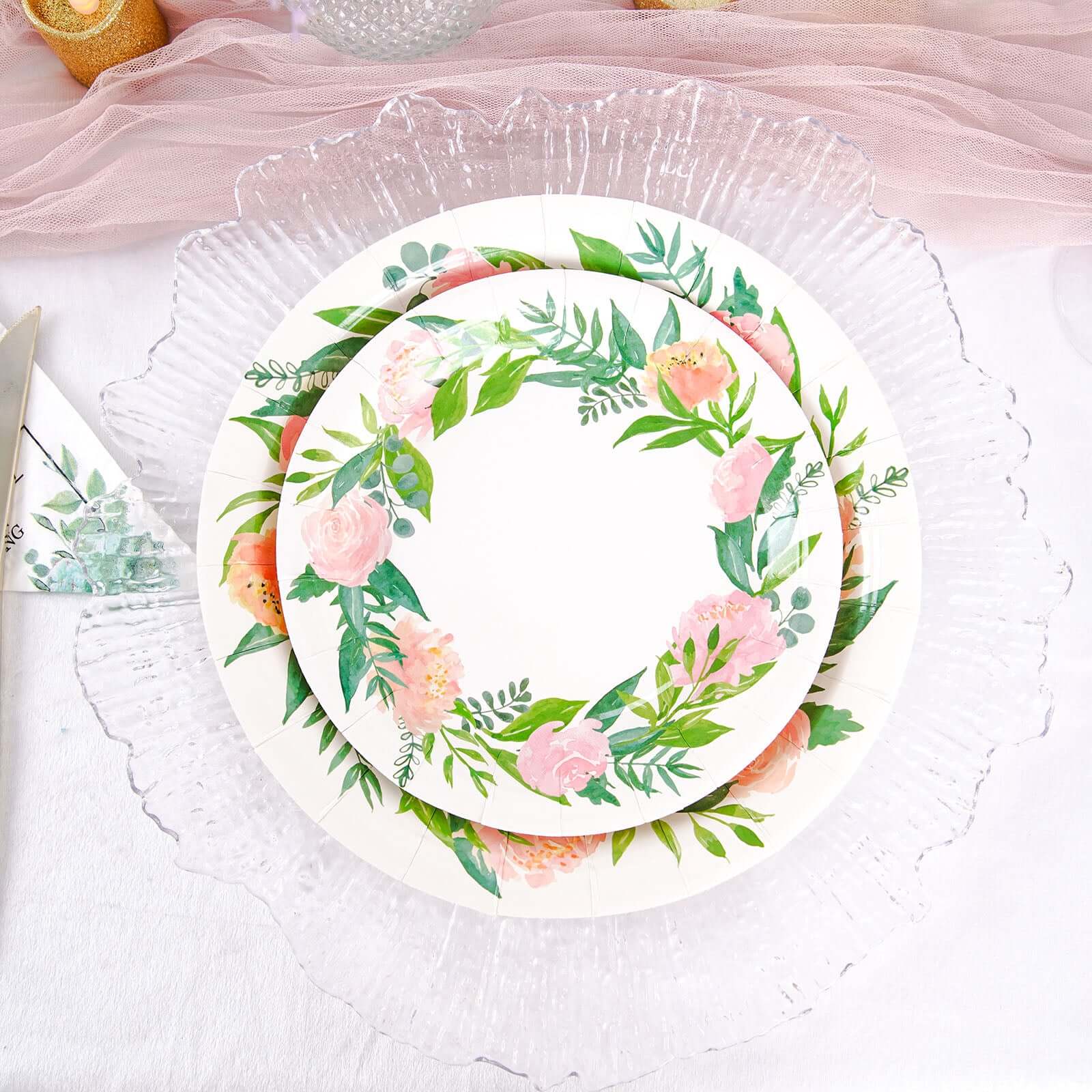 25-Pack Paper 7" Round Dessert Plates in White with Rose/Peony Flower Wreath - Disposable Appetizer Salad Plates for Special Occasions & Gatherings