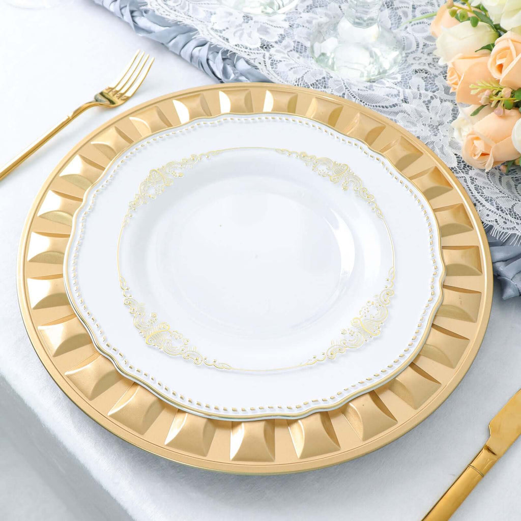 6-Pack Plastic Round Charger Plates 13" in Gold with Bejeweled Rim, Luxe Decorative Dinner Party Charger Tableware