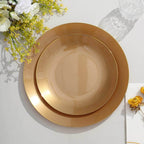 10-Pack Plastic 8" Round Dessert Plates in Gold with Gold Rim - Glossy Disposable Appetizer Salad Plates