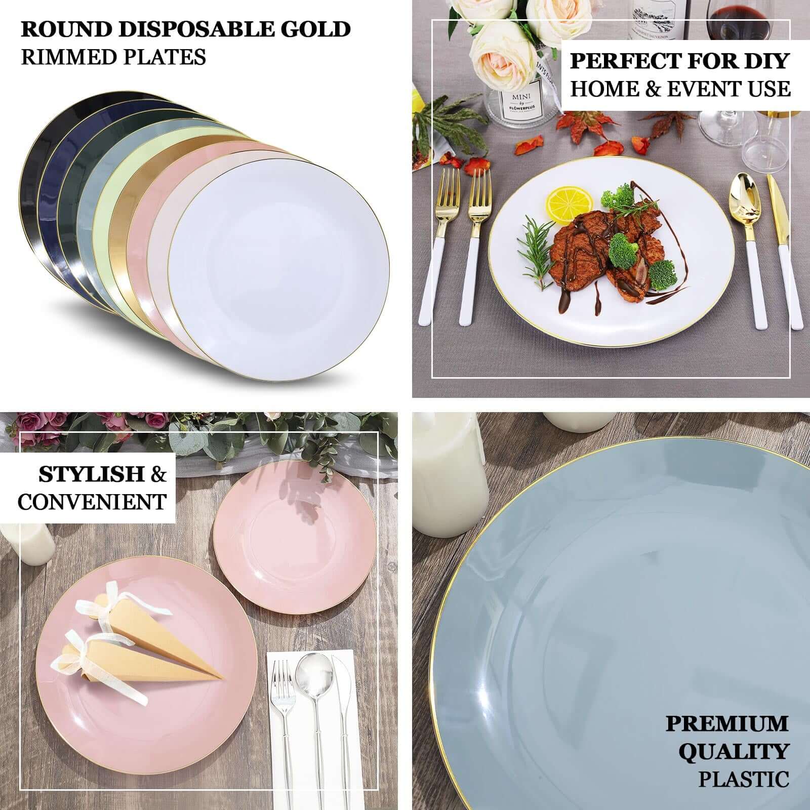 10-Pack Plastic 8" Round Dessert Plates in Hunter Emerald Green with Gold Rim - Glossy Disposable Appetizer Salad Plates