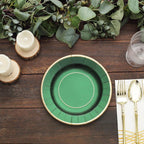 25-Pack Paper 8" Round Dessert Plates in Hunter Emerald Green Sunray Design with Gold Rim - Disposable Heavy Duty 350GSM Appetizer Salad Plates