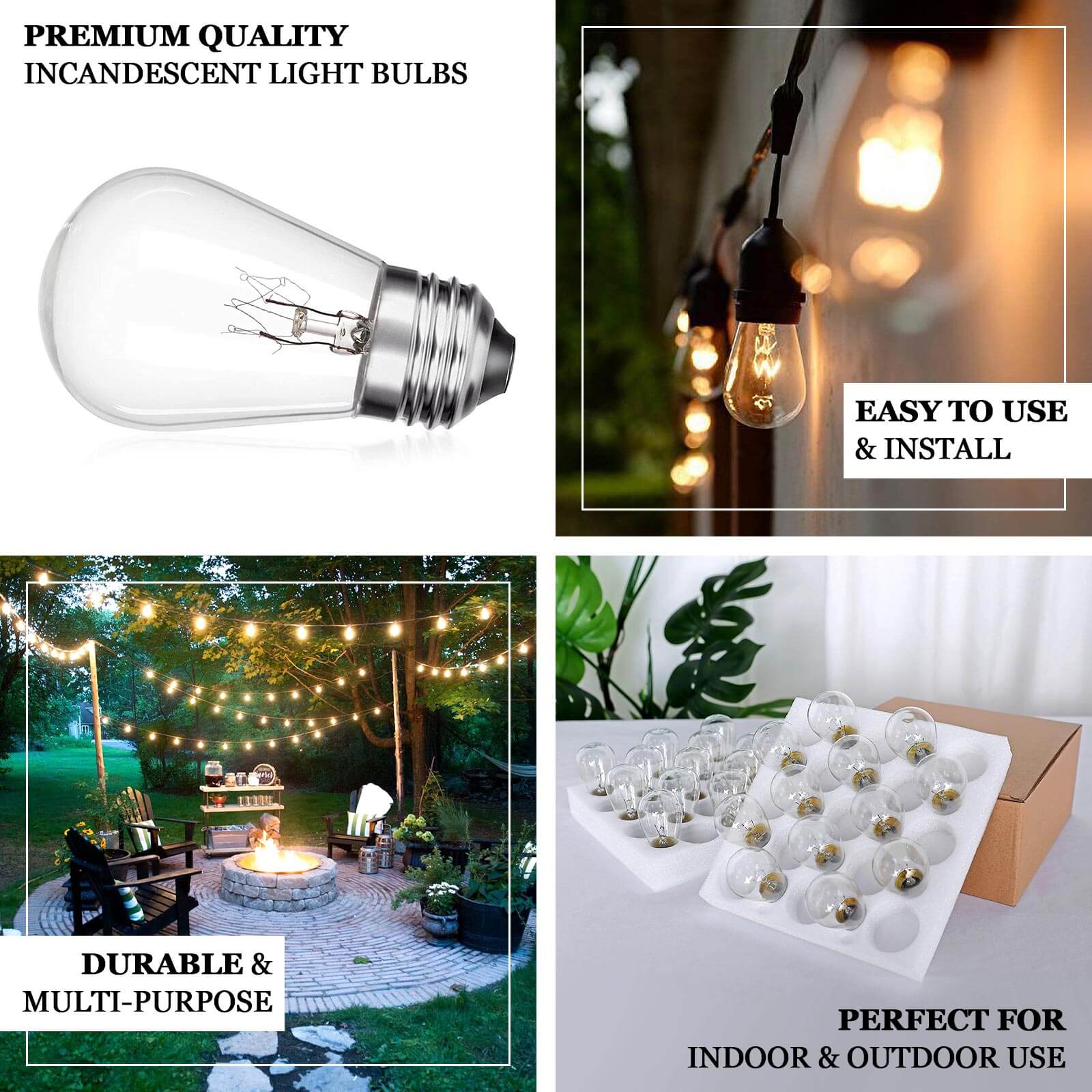 24 Pack 11W Incandescent Warm White S14 Outdoor String Light Bulbs + 1 Extra Replacement Bulb FREE