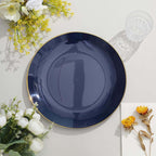 10-Pack Plastic 10" Round Dinner Plates in Navy Blue with Gold Rim - Glossy Disposable Party Plates