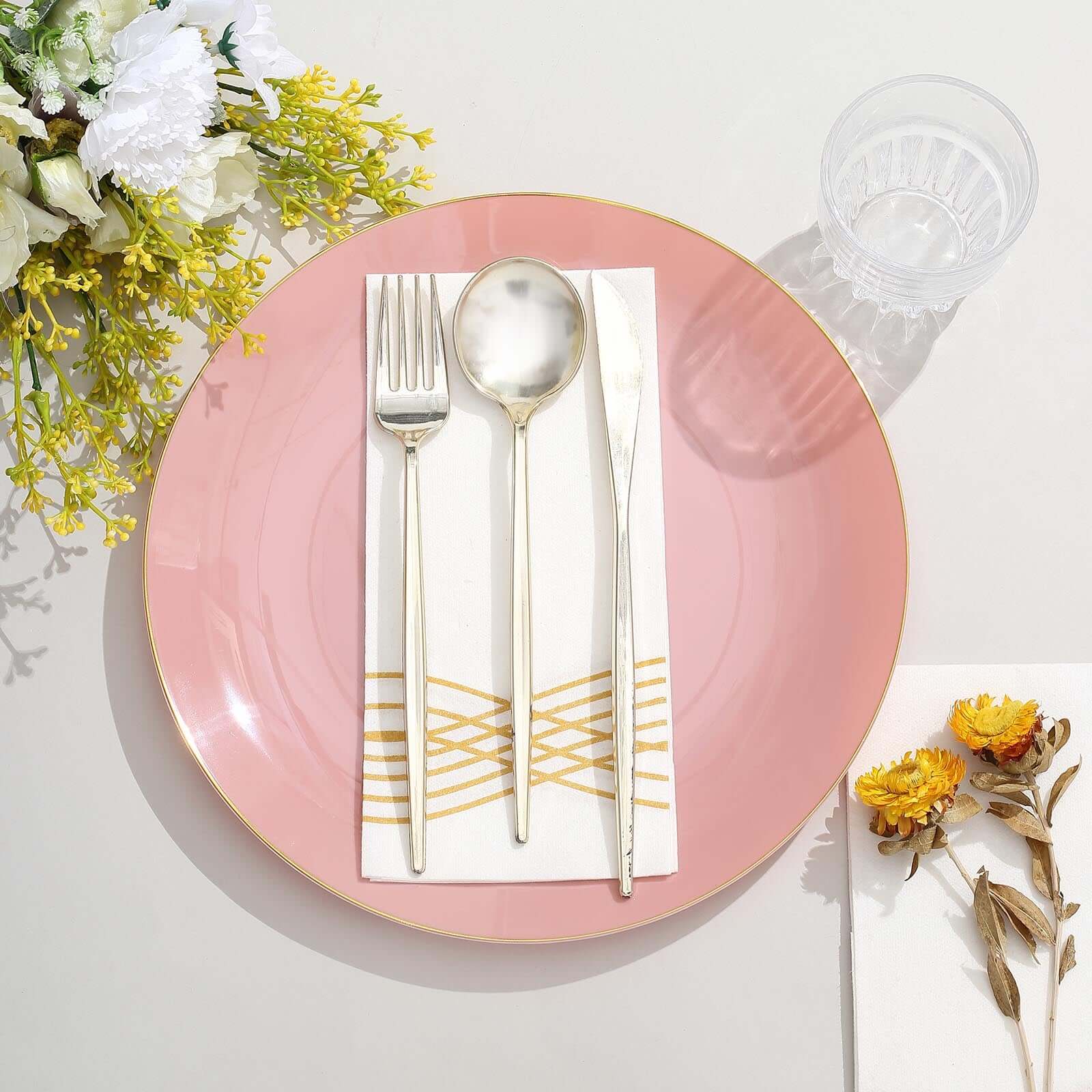 10-Pack Plastic 10" Round Dinner Plates in Dusty Rose with Gold Rim - Glossy Disposable Party Plates