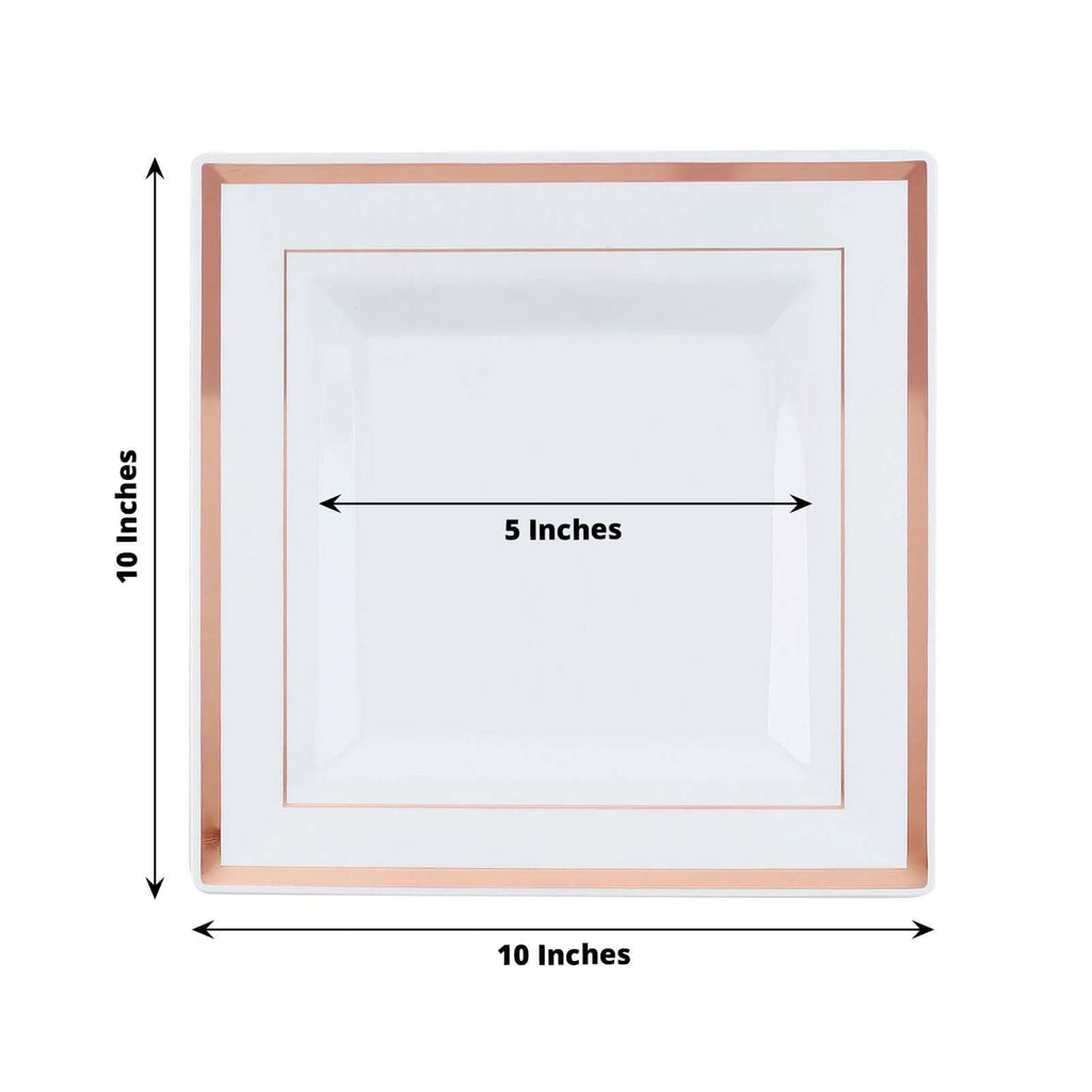 10-Pack Plastic Dinner Plates White Square with Rose Gold Trim - Lightweight Disposable Plates for Events 10"
