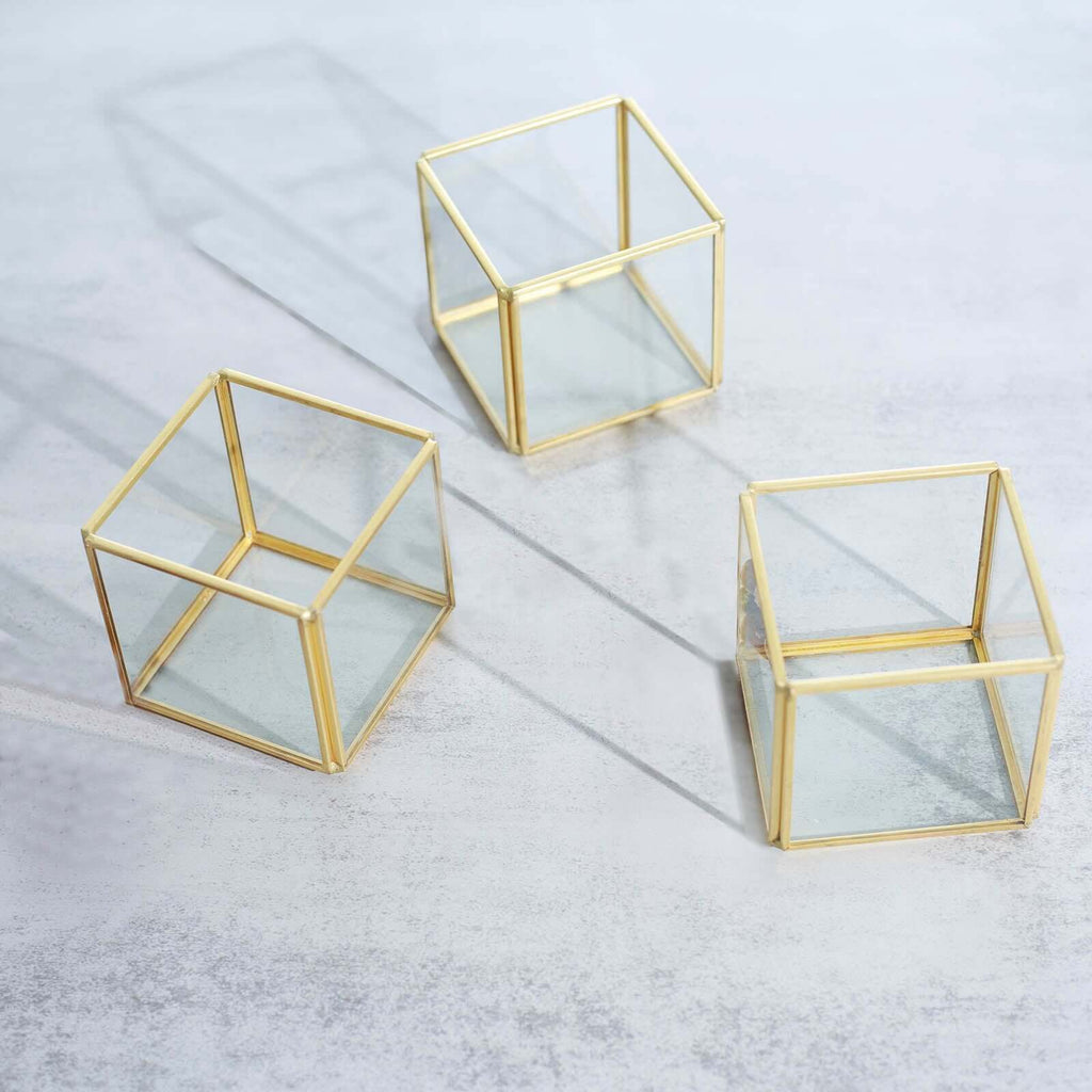3-Pack Glass Tealight Votive Candle Holders Square Cube Design Clear with Gold Metal Frame - Stackable 3"