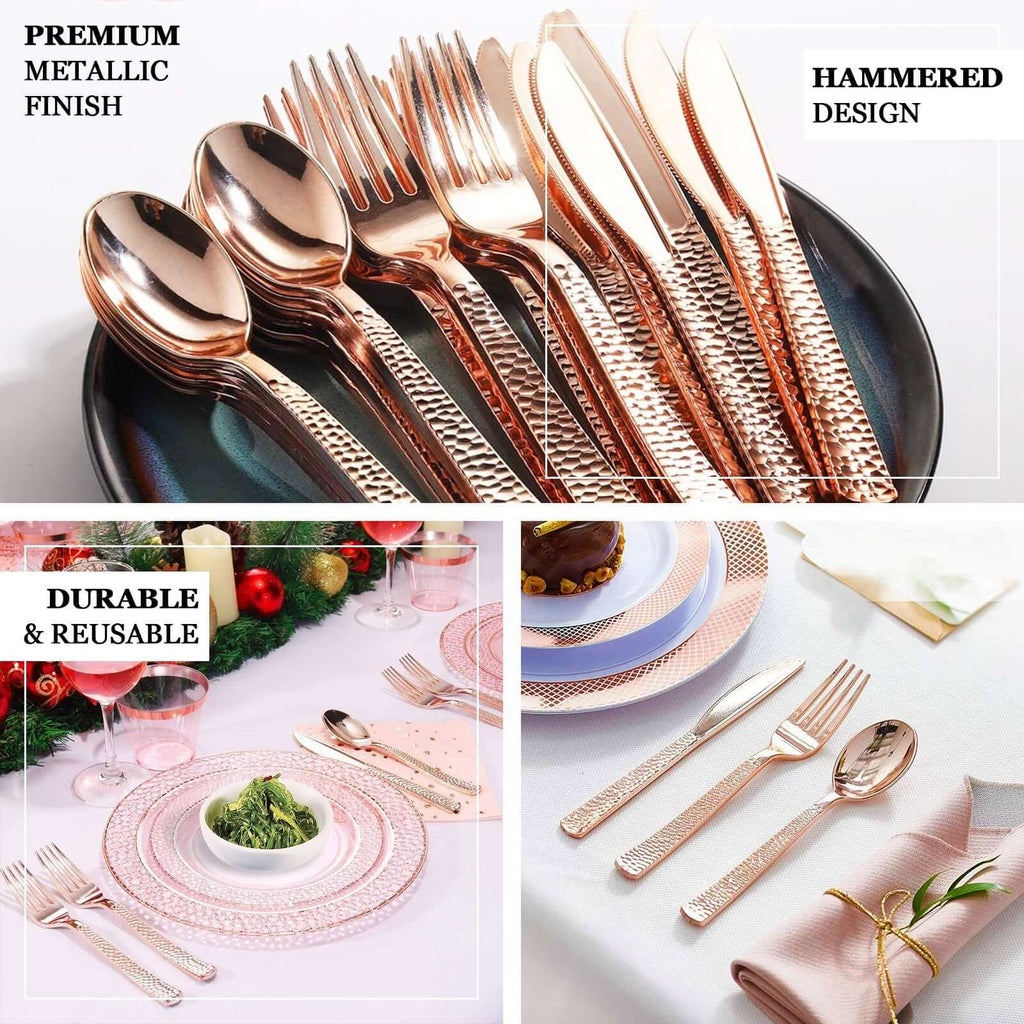 24-Pack Plastic Forks with Hammered Style Rose Gold - Heavy Duty Disposable Silverware 7"