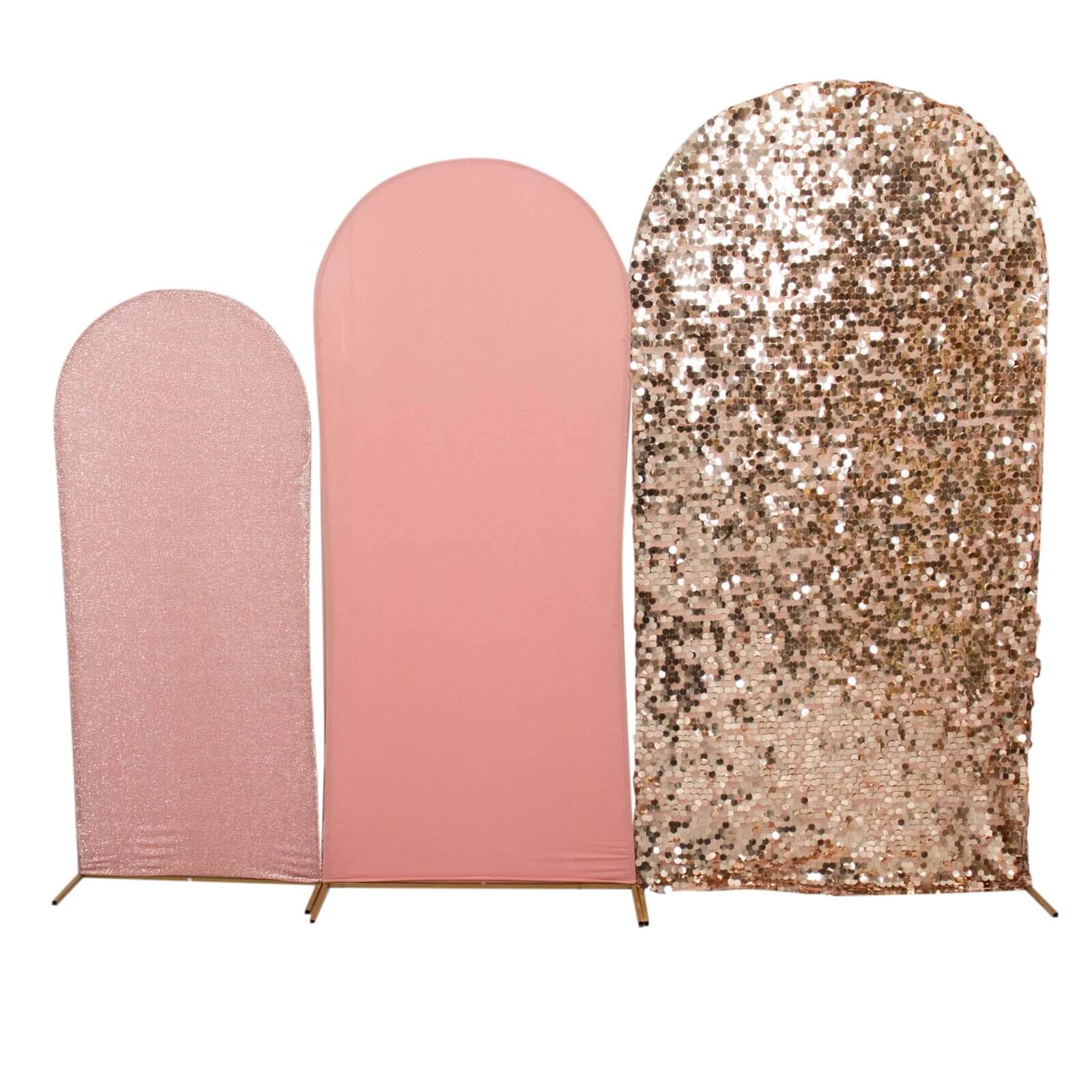 Set of 3 Rose Gold Round Top Fitted Wedding Arch Frame Covers, Big Payette Sequin, Shimmer Tinsel and Matte Spandex Backdrop Stand Covers