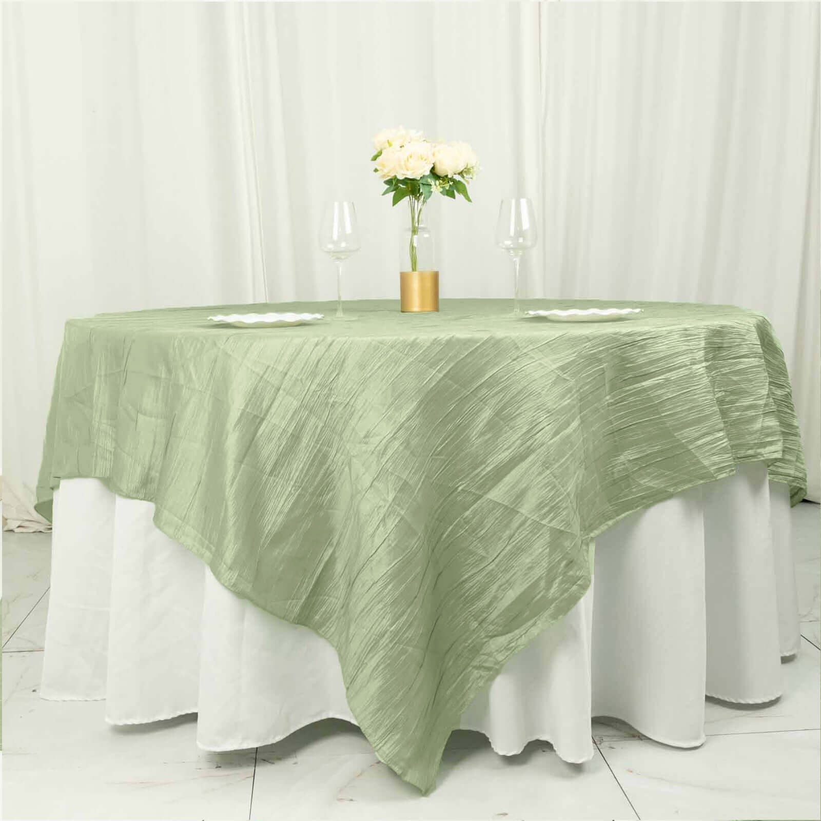 Taffeta 90"x90" Table Overlay Square Tablecloth Sage Green - Accordion Crinkle Table Cover
