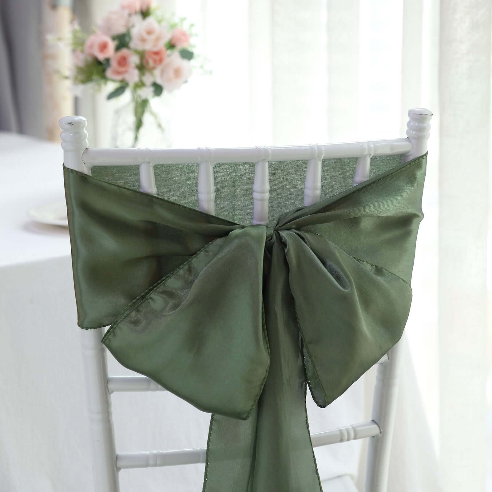 5 Pack Satin Chair Sashes Dusty Sage Green - Durable Chair Bows with Shiny Finish 6"x106"