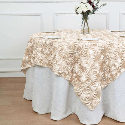 Satin 72"x72" Table Overlay Square Tablecloth Beige - 3D Rosette Table Cover