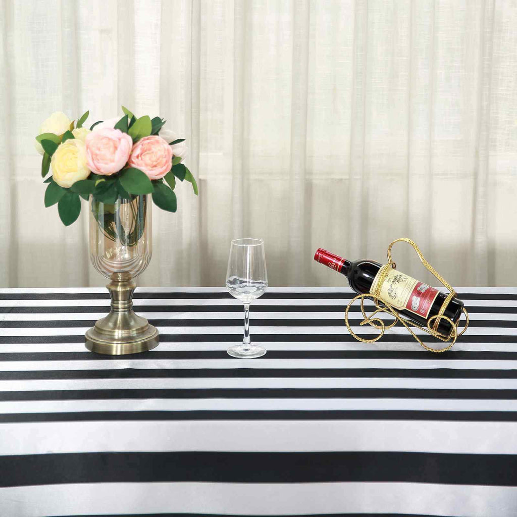 Satin 90"x156" Rectangle Tablecloth Black/White - Stripe Design with Seamless Finish Table Cover