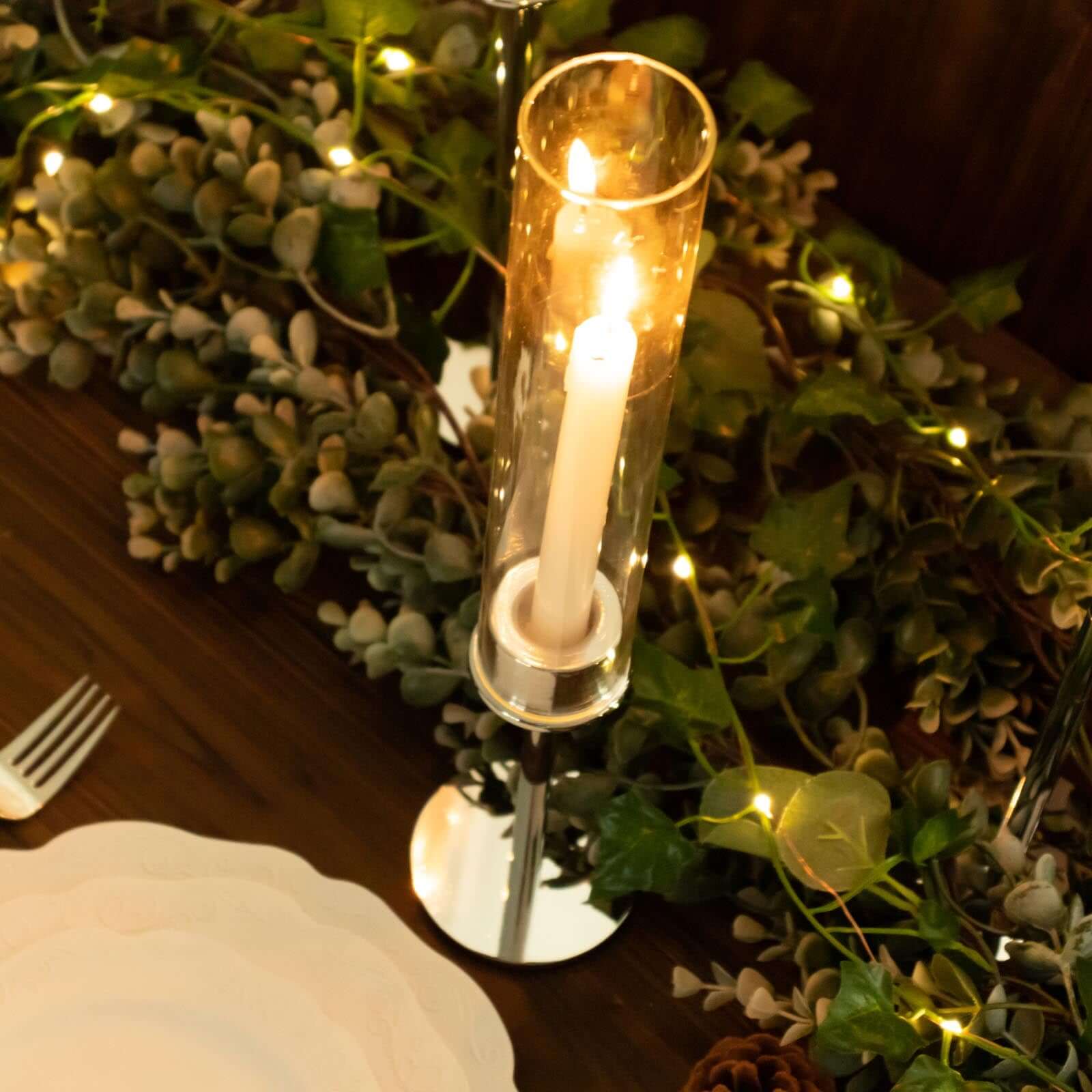 Set of 3 Tall Silver Metal Taper Candlestick Holders, Clear Glass Hurricane Candle Stands With Chimney Candle Shades 16", 20", 24"