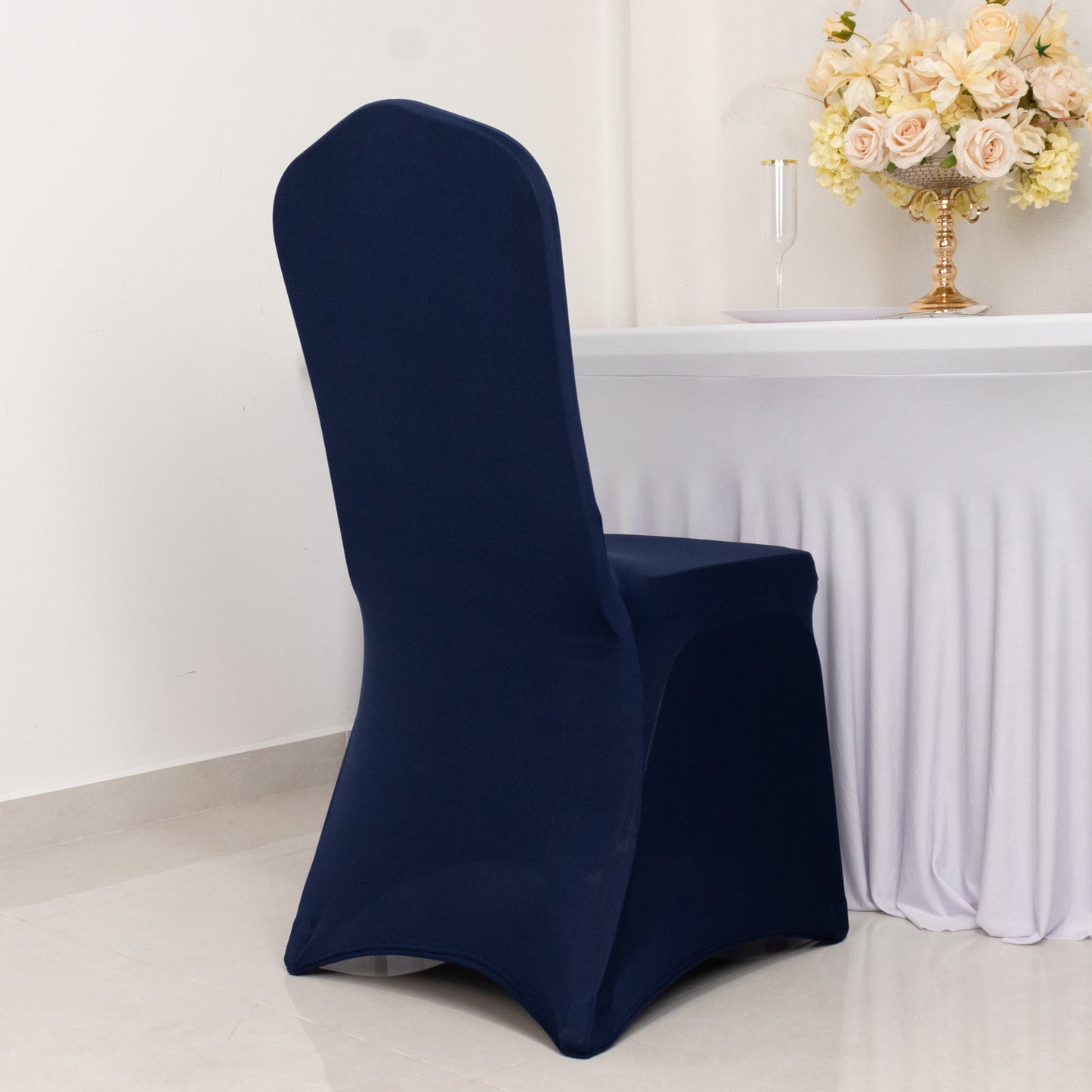 Premium Spandex Chair Cover with Foot Pockets for Banquet Chairs Navy Blue - Stretch 220GSM Fitted Slipcover - Bell Racket Store