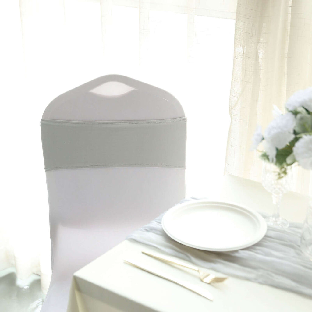 5 Pack Stretch Spandex Chair Sashes Silver - Reusable Chair Bands with Silver Diamond Ring Slide Buckle 5"x14"
